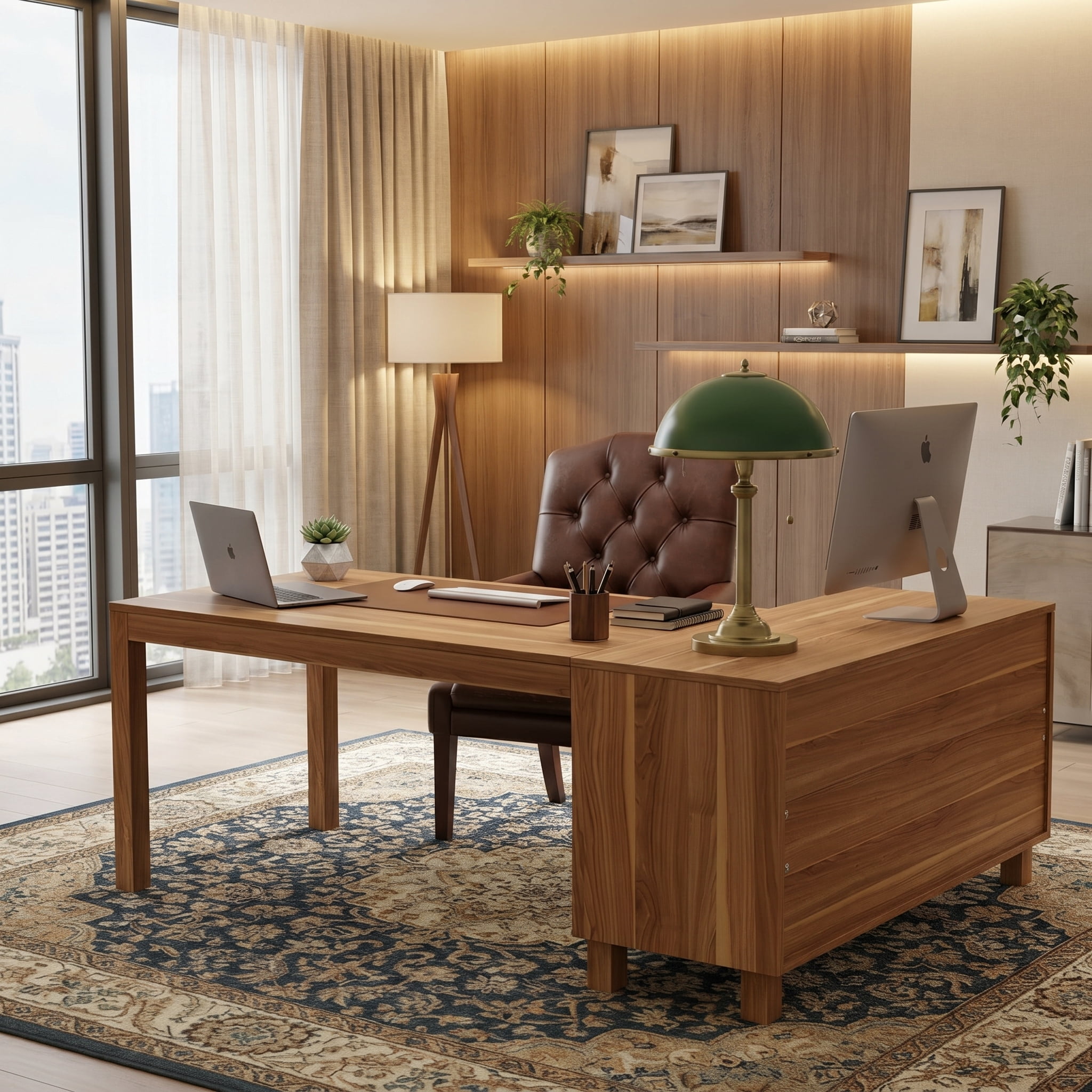 Fnova 59" Farmhouse L Shaped Desk with Storage, Computer Office Desk Writing Table Workstation, Spacious Executive Desk with 4 Storage Shelves, Brown
