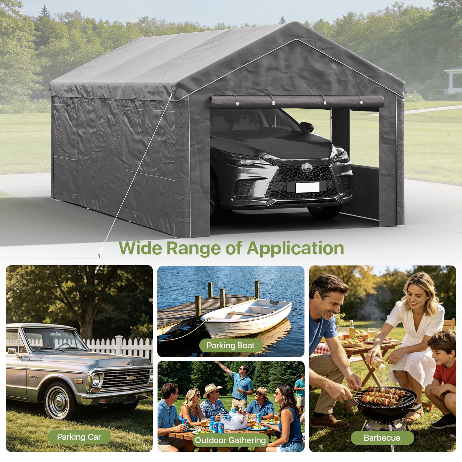 BaPiPro 12x20FT Heavy Duty Carport, Portable Outdoor Garage with Removable Sidewalls & All-Weather Metal Frame for Vehicle Parking, Gray