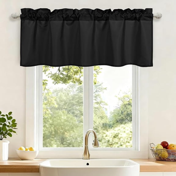 XWZO 52x18 Inch Semi Sheer Privacy Valance Curtain 1 Piece, Short Rod Pocket Window Topper for Kitchen, Black