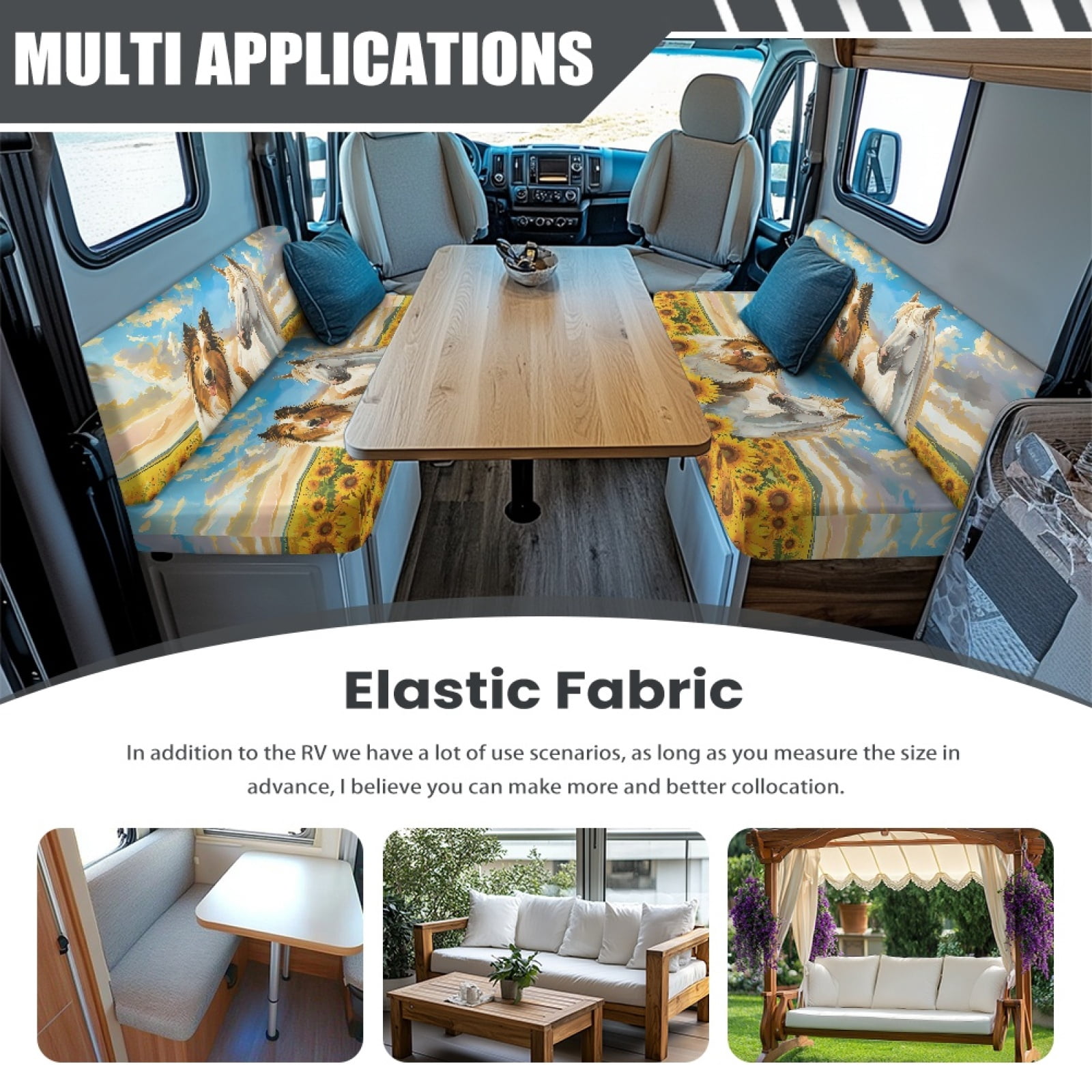 Kuiaobaty RV Dinette Cushions Covers RV Stretch Sofa Seat Slipcovers with 1 Backrest Cover & 1 Bench Cover Home & Kitchen Accessories for RV, Blue Sky Sheltie Dog Horse Sunflower Pattern
