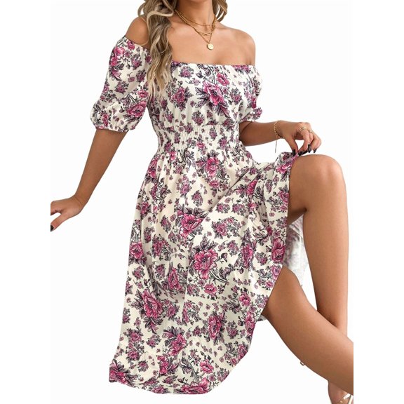 Women Summer Ruffle Off Shoulder Floral Midi Dress Summer Smocked Beach Flowy Long Dresses White S