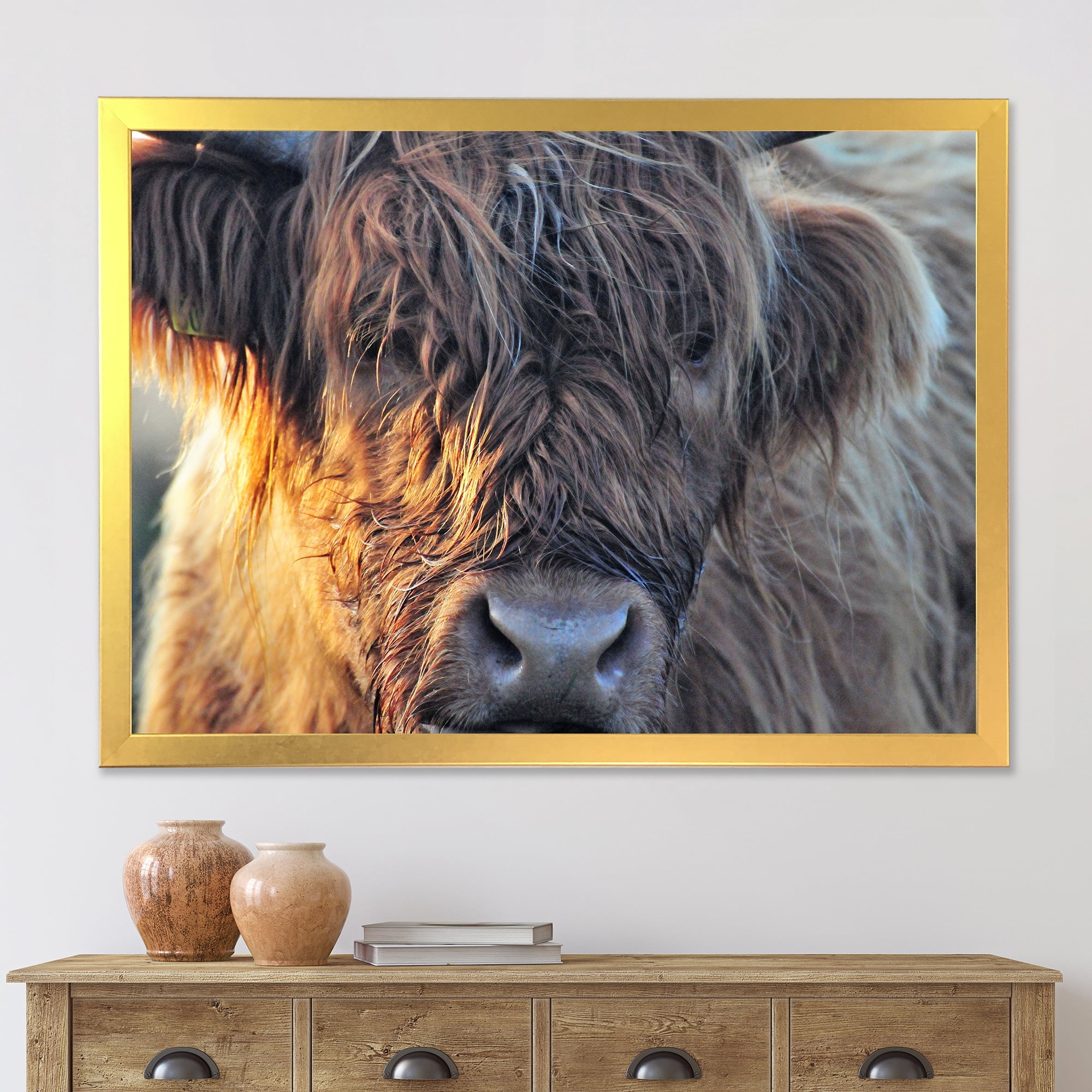 Designart 'Close Up Of Scottish Cow On Moorland III' Farmhouse Framed Art Print