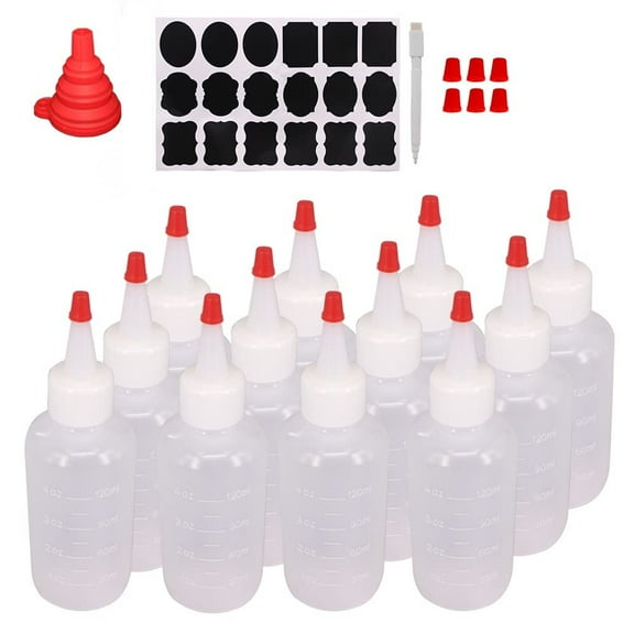 12 Pack 4-Ounce Empty Plastic Squeeze Bottles with Red Tip Caps Multipurpose Squirt Bottle