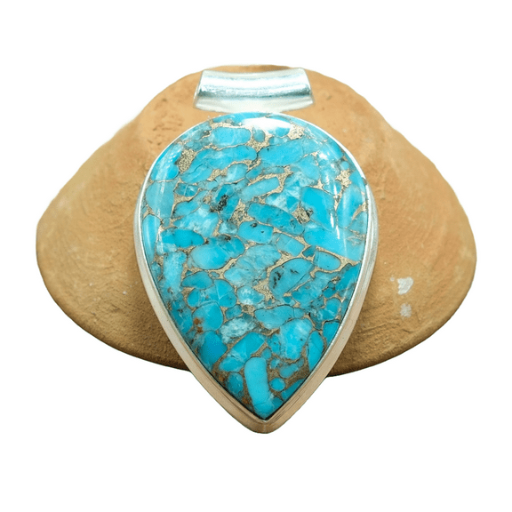 Natural Large Blue Copper Turquoise Stone 925 Sterling Silver Handmade Statement Pendant for Men and Women