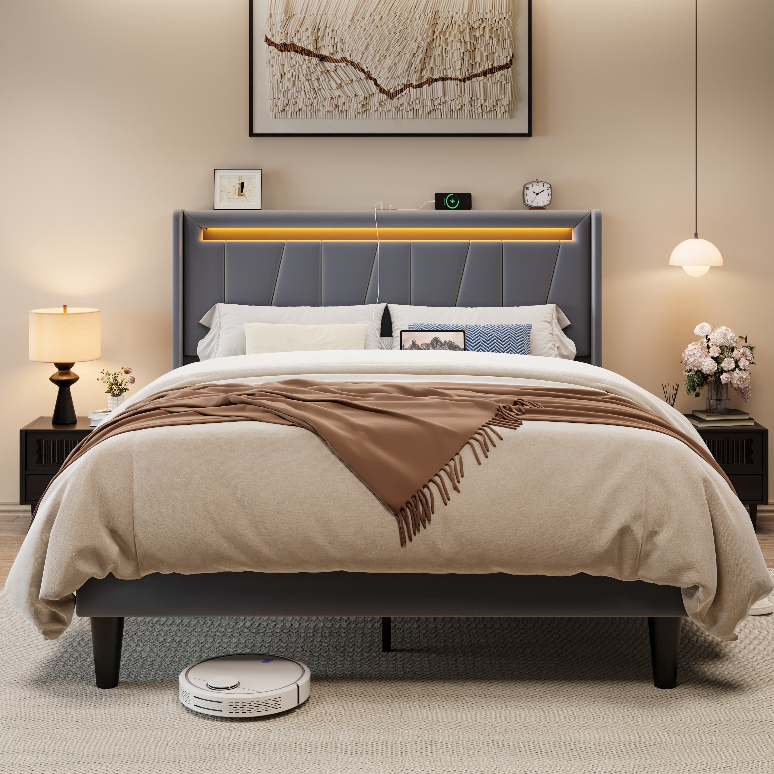 Allewie Queen Size LED Bed Frame with Charging Station, Velvet Upholstered Platform Bed with Geometric Wingback Headboard, Grey