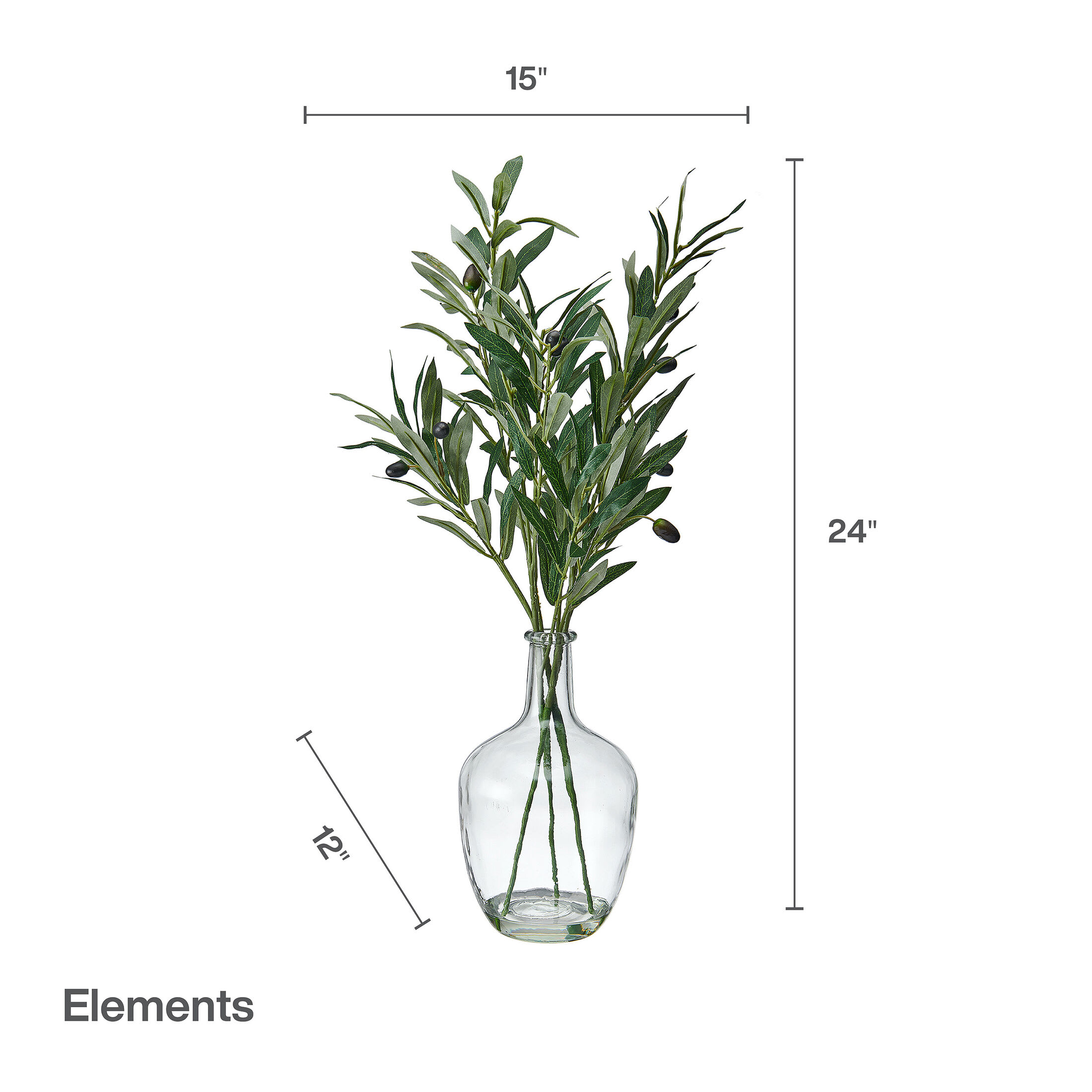Elements Artificial Olive Branch Arrangement in Clear Glass Vase, Realistic Look and Feel