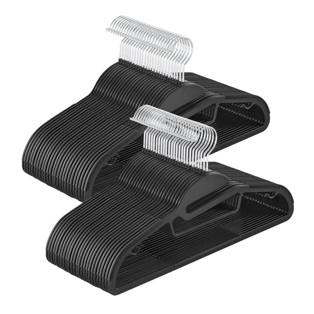 50 Perchas de Plástico, Antideslizantes, Ahorro de Espacio, 41,5 cm de Largo, Gancho Giratorio 360º, Negro
