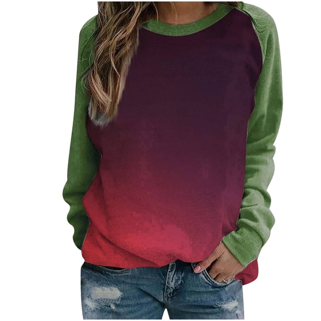 Yuyuzo Chandails en Molleton à Manches Longues Col Rond Simples pour Femmes 2025, Imprimé Tendance Décontracté, Tunique Raglan Fine, Vert