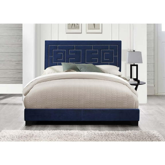 Acme Ishiko III Bed in Dark Blue Velvet, Multiple Sizes