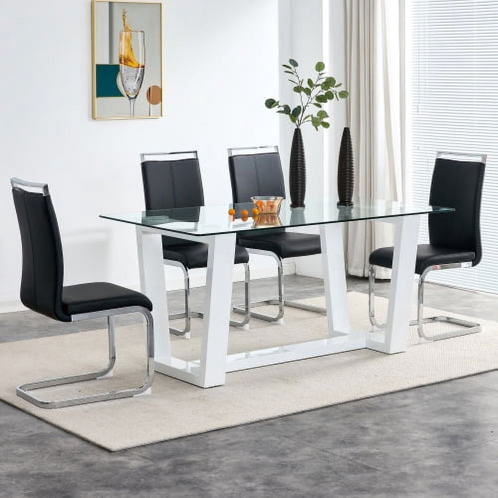 BSHTI Glass Dining Table Large Modern Minimalist Rectangular for 6-8 with 0.4" Tempered Glass Tabletop and white MDF Trapezoid Bracket,For Kitchen Dining Living Meeting Room Banquet Hall