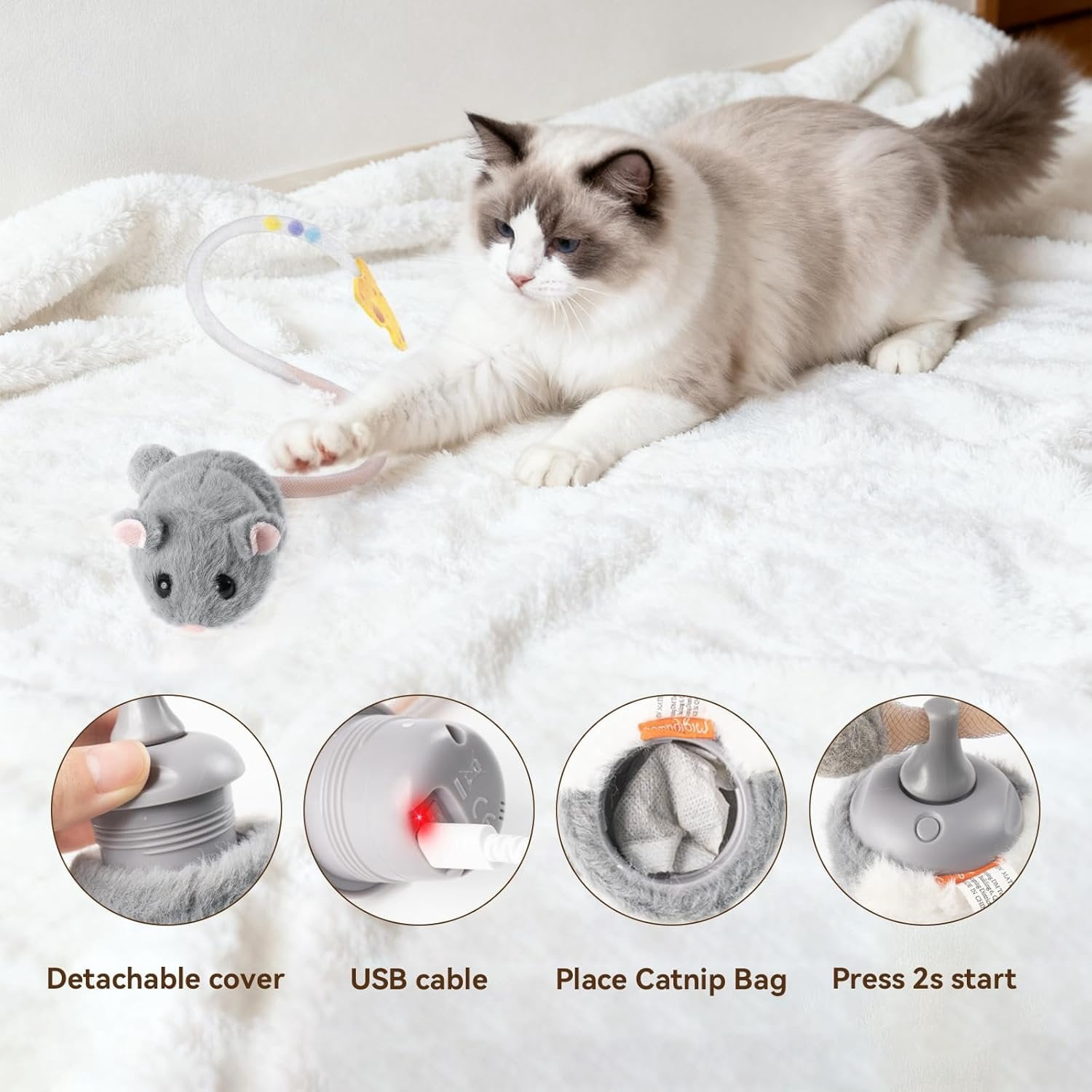 Interactive MigiMouse   360? Rolling & Spin with Mesh Plastic Tail for Indoor Cats  Motion Sensor, Realistic Squeak, Rechargeable Plush Kitten (Grey)