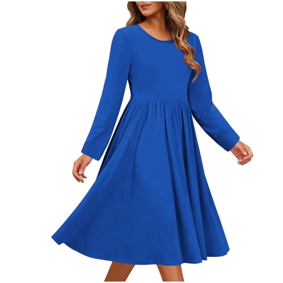 Busydd Women Dresses Fashion Solid Color Long Sleeve Dress for Women Round Neck Tiered Casual Dresses for Women L