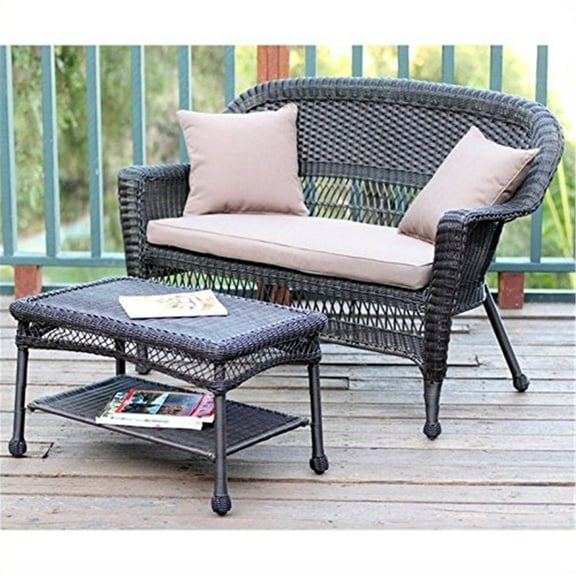 Jeco Wicker Patio Love Seat and Coffee Table Set with Brown Cushion-Finish:Espresso