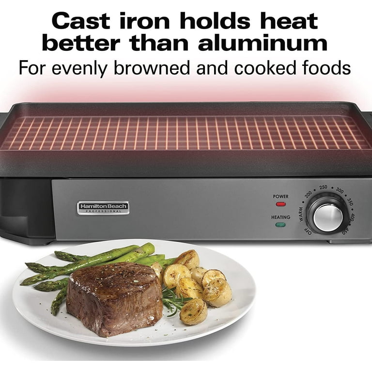  Hamilton Beach Professional Cast Iron Indoor Electric Grill &  Griddle, 10 x 16 Preseasoned Cooking Surface, Adjustable Temperature up  to 450° F, Black (38560): Home & Kitchen