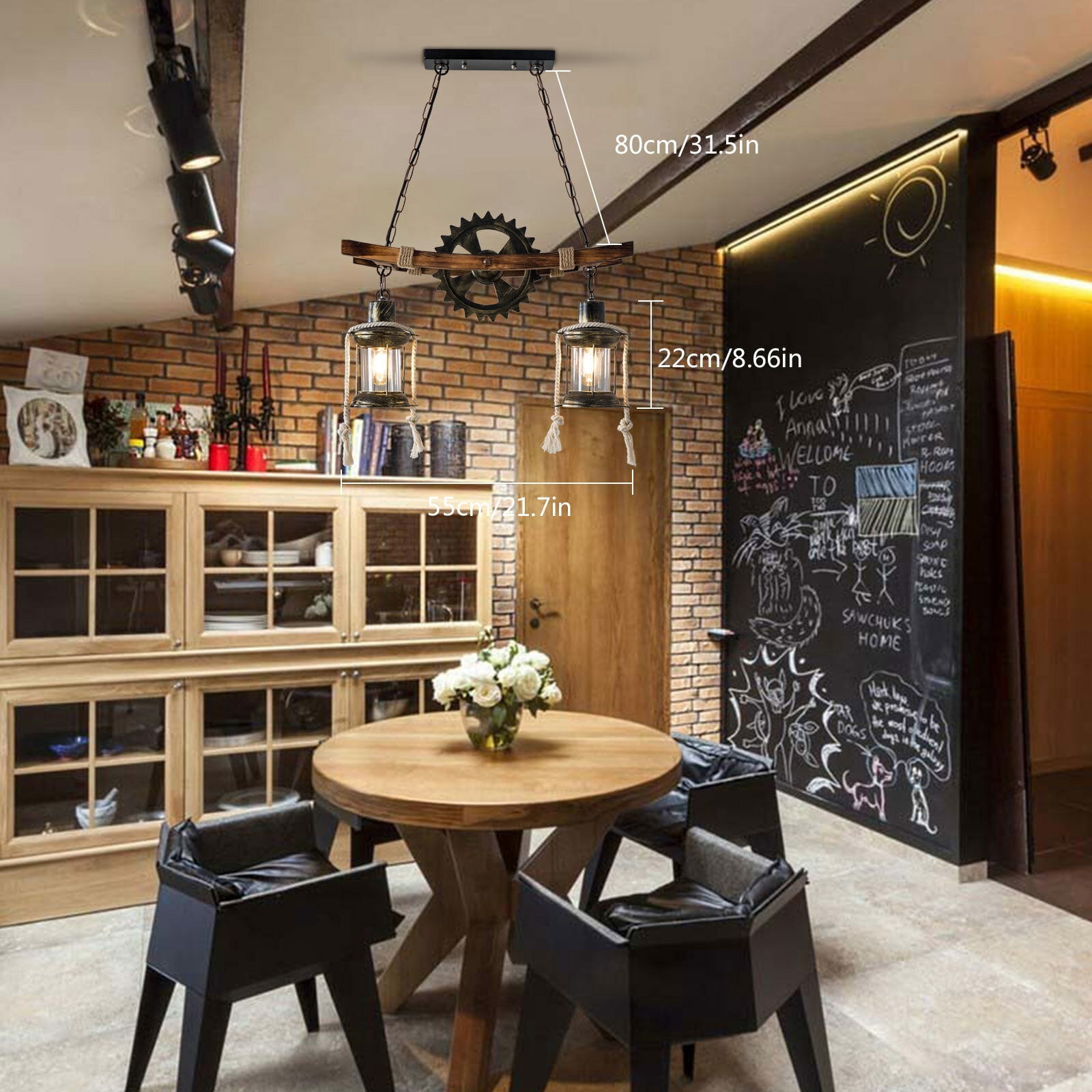 Rustic Wood Chandelier Farmhouse Loft Retro Pendant Light Ceiling Fixture Lamp Black Brown for Living Rooms
