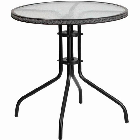 Global Industrial B2540181 Flash Furniture 28 in. Round Tempered Glass Metal Table with Gray Rattan Edging