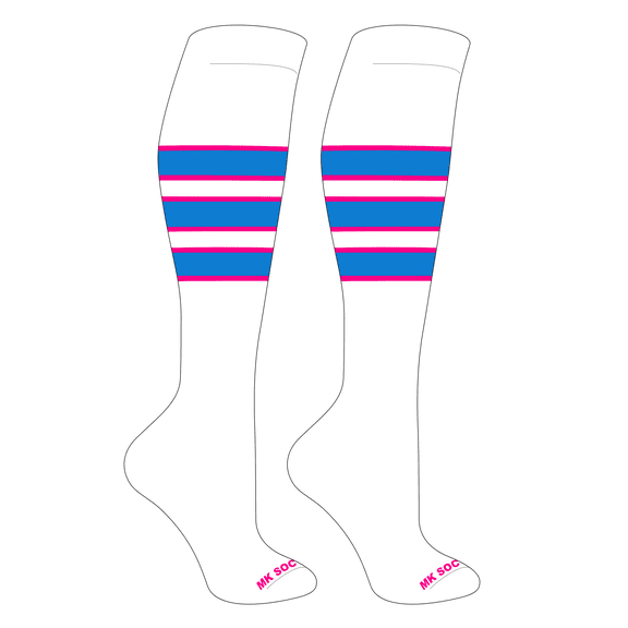 MK Socks Striped OTC Baseball, Softball, Football Socks (C) White, Hot Pink, Neon Blue (XS)