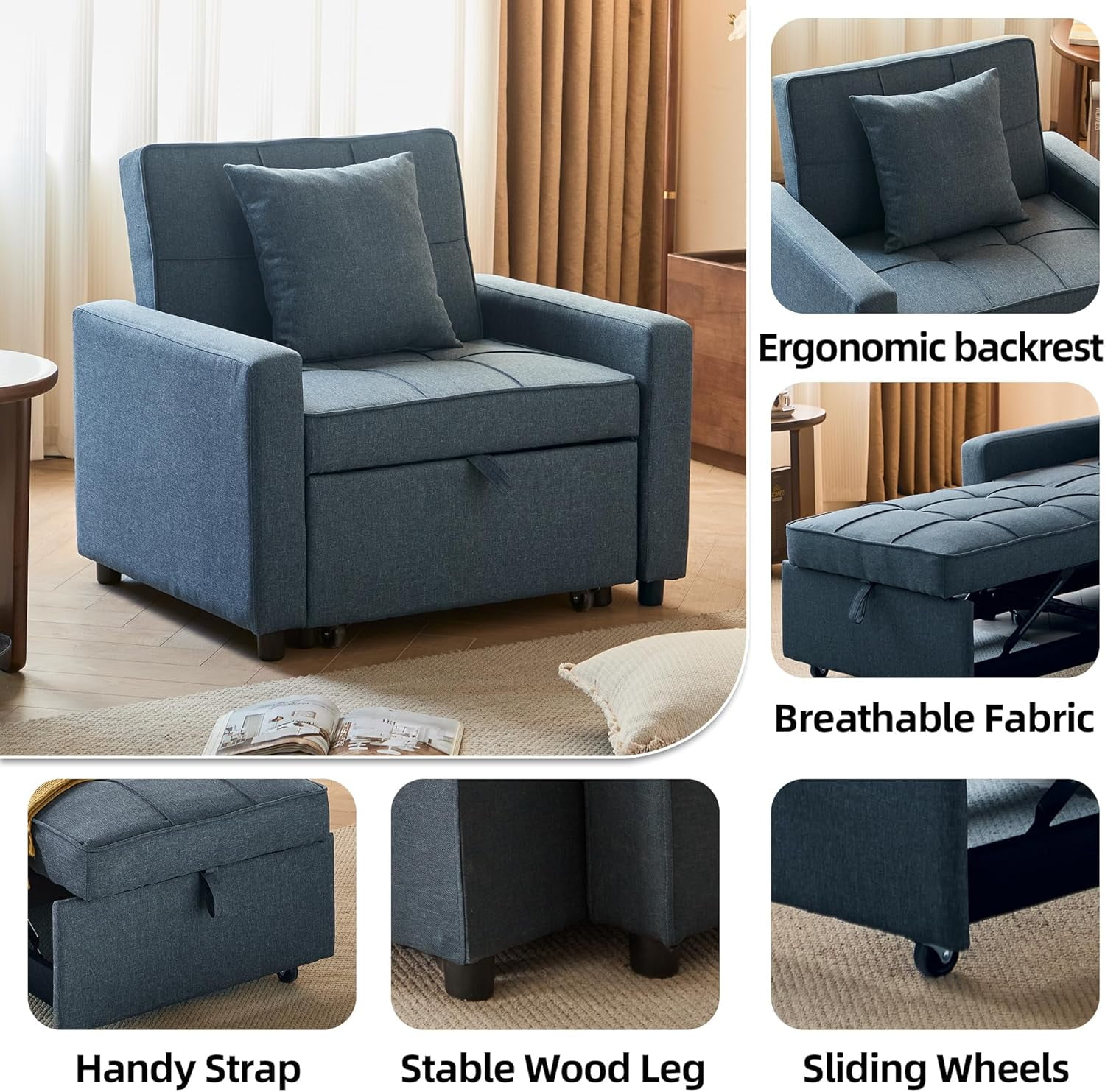 Gewnee 3-IN-1 Folding Sofa Bed Chair,Converts to Guest Bed & Office Chair,Adjustable Backrest,Wheels & Handle,Space-Saving for Apartment,Small Room,Office.Navy Blue