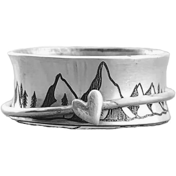 Mountain Love Heart Spinning Ring Keep Climbing Statement Anti Anxiety Fidget Rotate Freely Inspirations Stress Relief Finger Band Rings for Women Men Birthday Christmas Personalized Jewelry Gifts