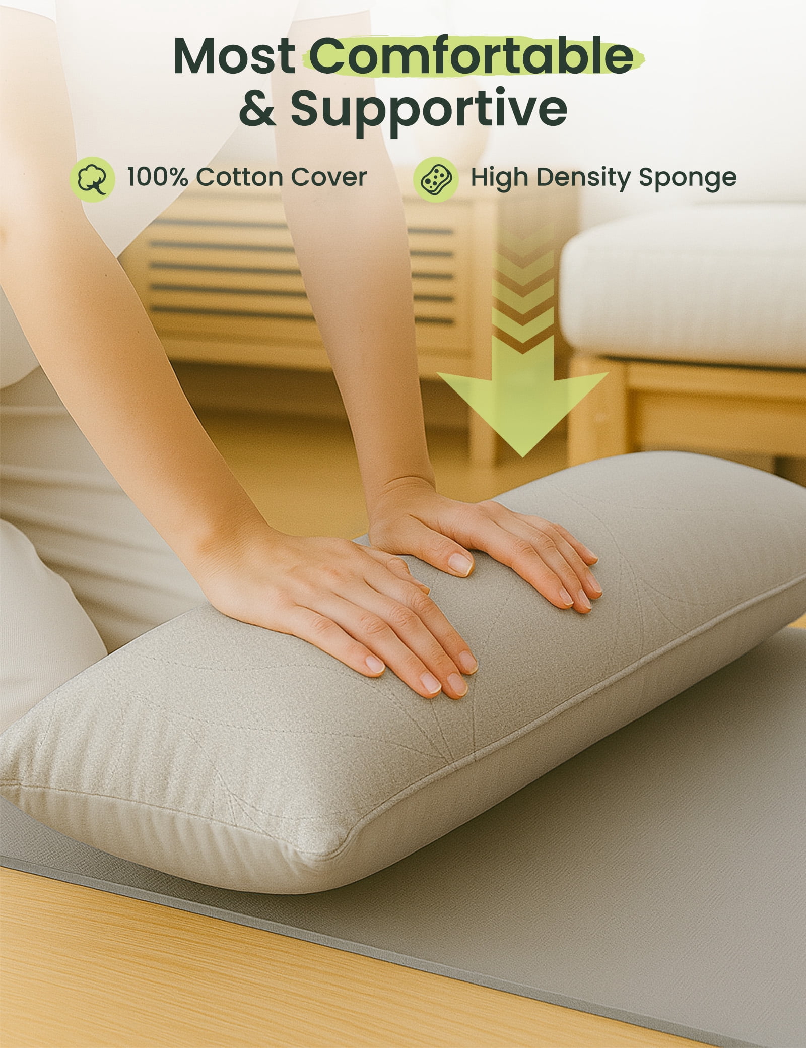 Zonli Wheat Short Decorative Body Pillow – Quilted 100% Washed Cotton & Velvet Dual-Sided Cover, Adjustable Loft for Side Sleepers, Khaki