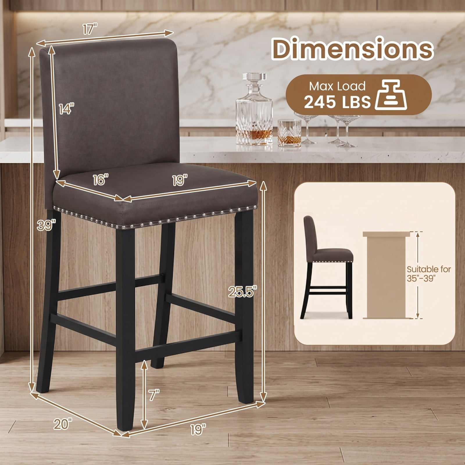Furnibear Set of 2 Bar Stools with Back for Kitchen Island, 25.5 inch Upholstered Counter Height Barstools with Footrest, Padded Leather Bar Chairs for Dining, Brown
