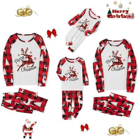

wybzd Merry Christmas Family Pajamas Matching Set Plaid Deer Print Long Sleeve Tops Pants Sleepwear