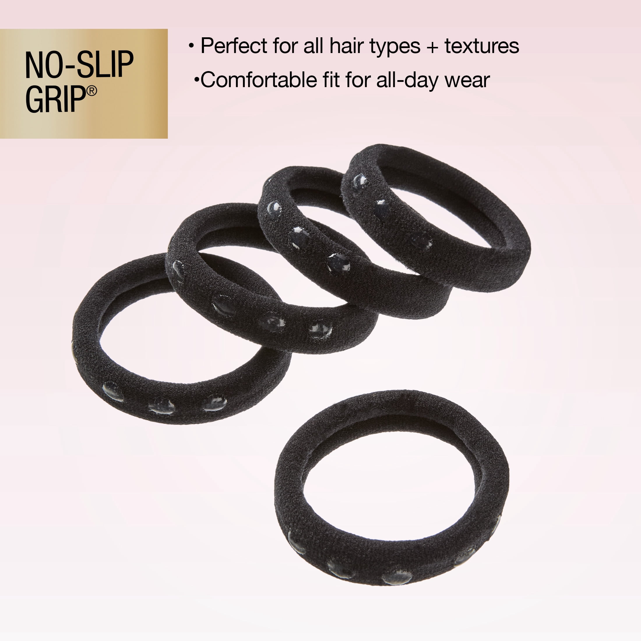 Scunci No-Slip Grip Hair Ties, Black, 5 Count No Metal Ponytail Holders