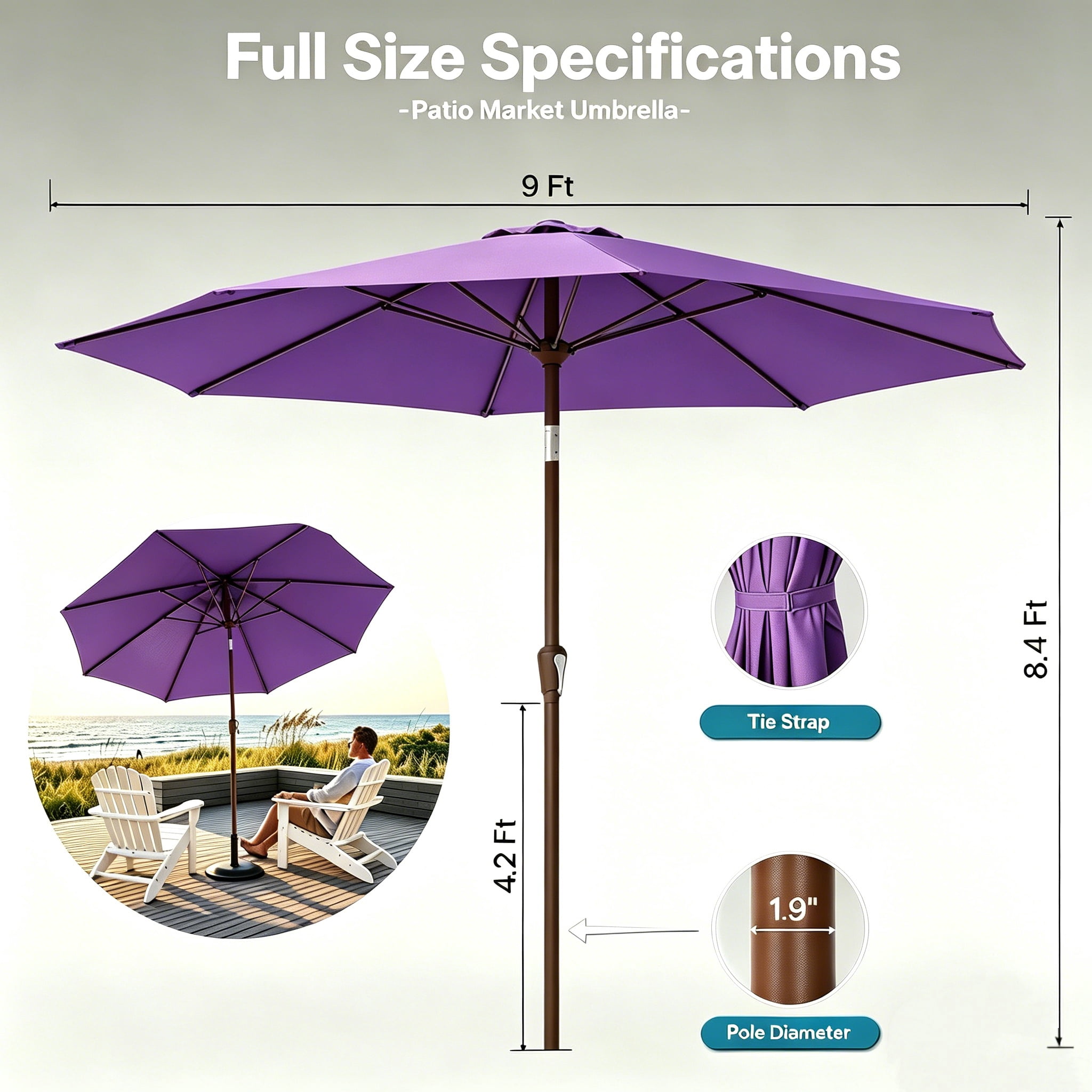 Pipopa 9FT Outdoor Patio Umbrella with Push Button Tiltand Crank, Ourdoor Market Leisure Umbrella for Beach, Garden, Yard, Home, Pool, Purple