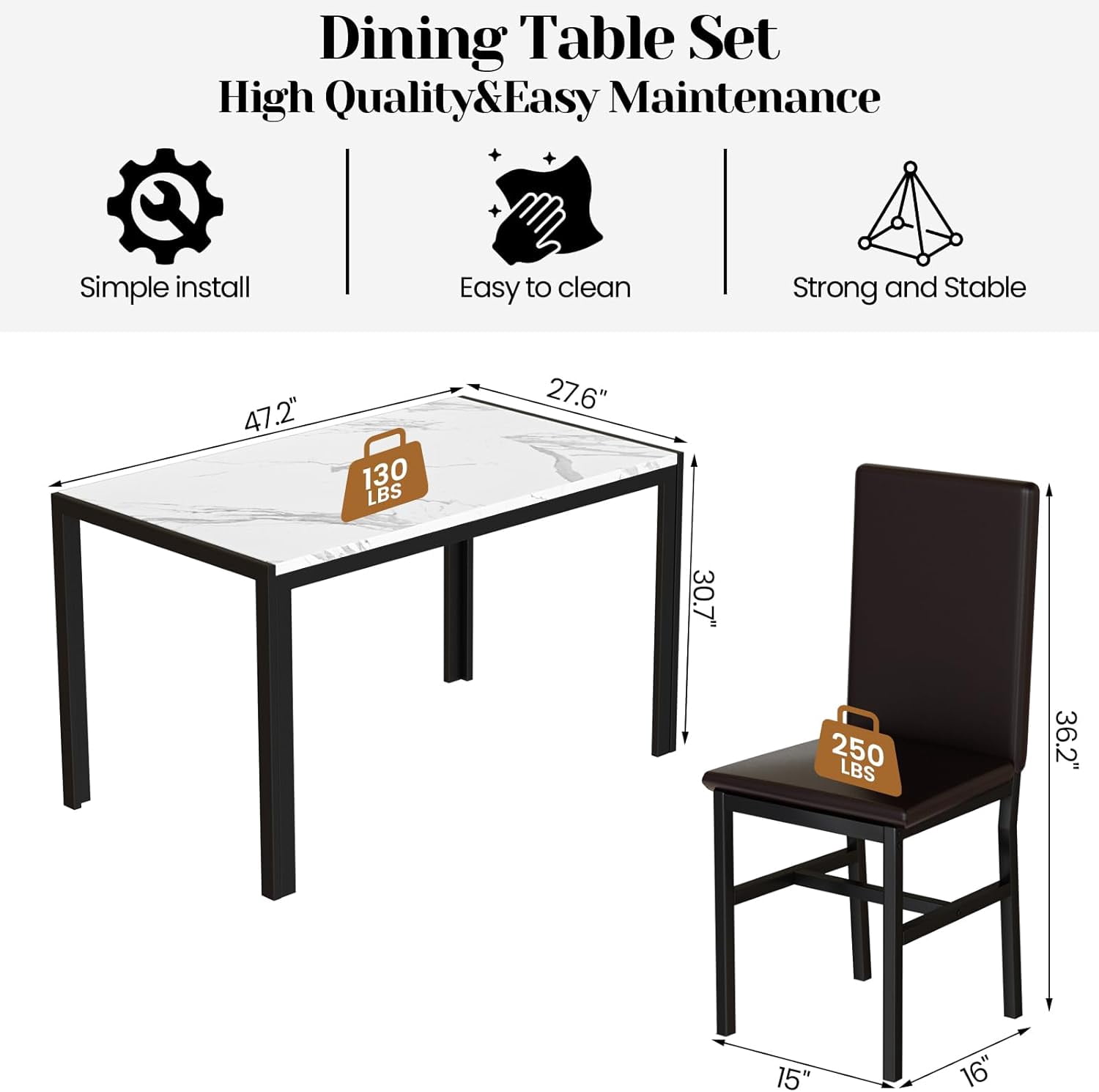 AWQM Marble Kitchen Dining Table Set, Dining Table Set for 4 with 4 PU Leather Upholstered Chairs, Metal Frame, Small Space Dining Table Set for Apartment, Kitchen, Dining Room, White/Brown
