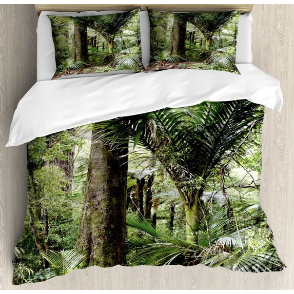 Forest Duvet Cover Set King Size, Lush Foliage Tropical Jungle South American Growth Untouched Nature Vegetation, Decorative 3 Piece Bedding Set with 2 Pillow Shams, Green Brown, by Ambesonne