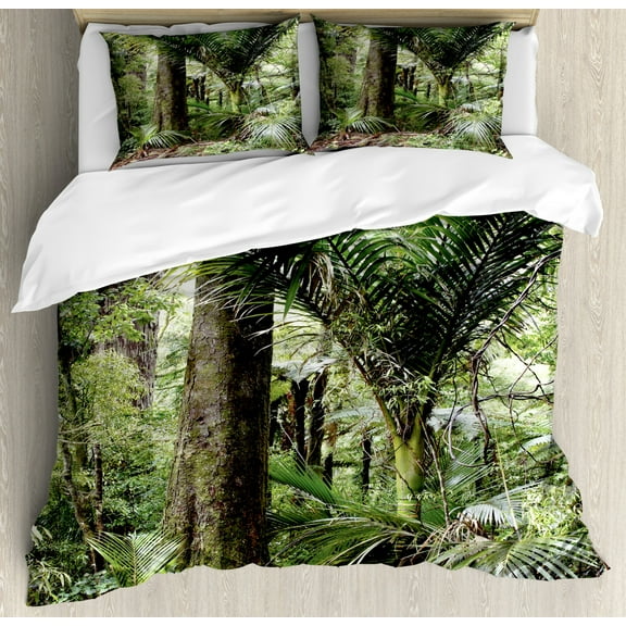Forest Duvet Cover Set Queen Size, Lush Foliage Tropical Jungle South American Growth Untouched Nature Vegetation, Decorative 3 Piece Bedding Set with 2 Pillow Shams, Green Brown, by Ambesonne