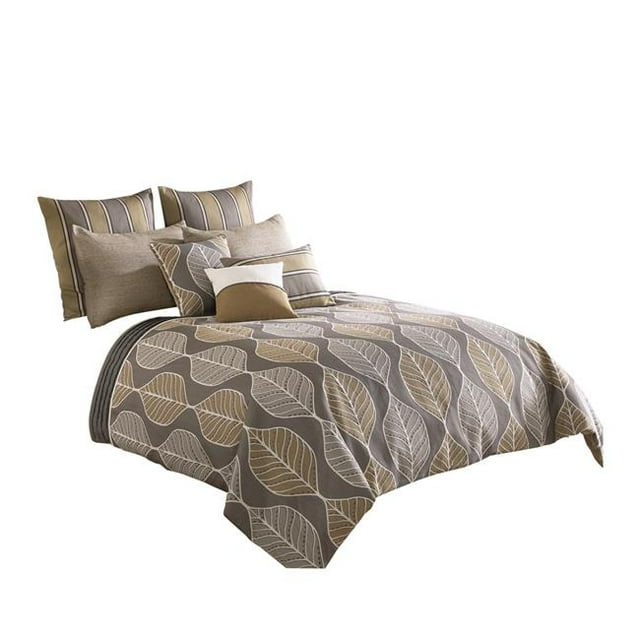 Benjara BM227302 Polyester Comforter Set with Leaf Pattern Design, Multi Color - King Size - 10 Piece