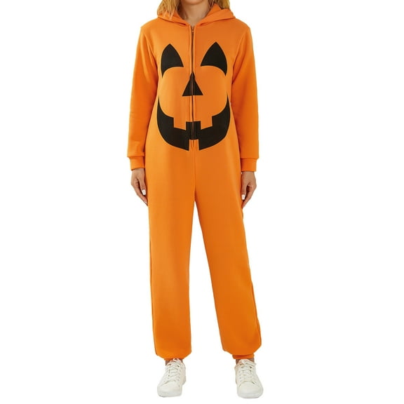 KOMOO Women Men Halloween Jumpsuit Pajamas Devil Print Long Sleeve Zip Oversized Hooded Couple Romper Sleepwear