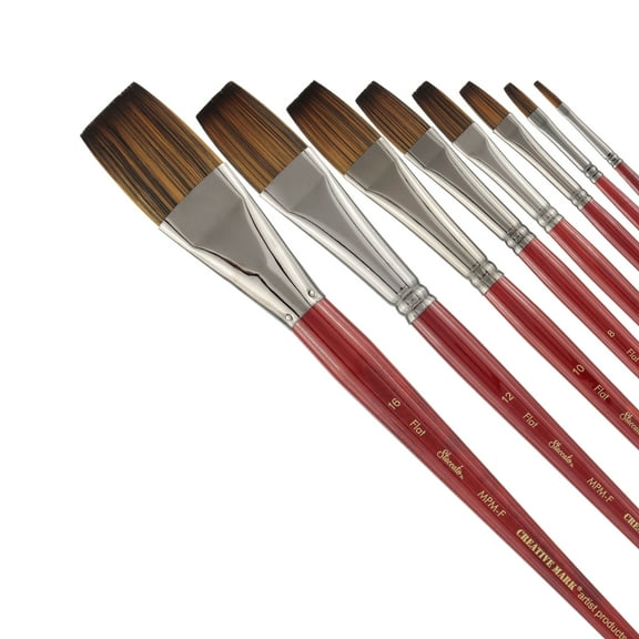 Creative Mark Staccato Artist Paintbrush -Flat Set of 8 - Synthetic Long Handled Brushes For Acrylic Paints, Handmade and Full Bodied With Springy Response