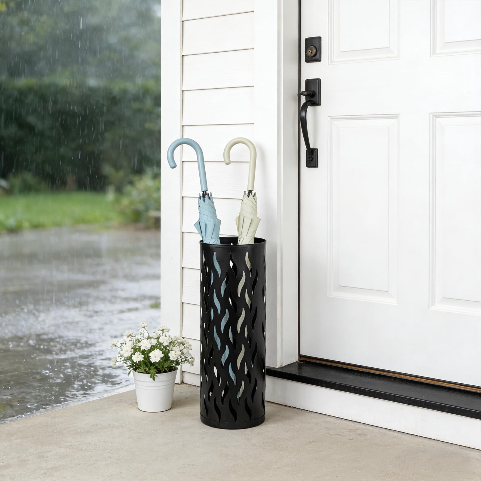 Umbrella Holder, Metal Umbrella Stand for Entryway, Umbrella Storage Rack with 4 Hooks Decor, Home, Office,5.8 × 5.8 × 16.4 (Black)