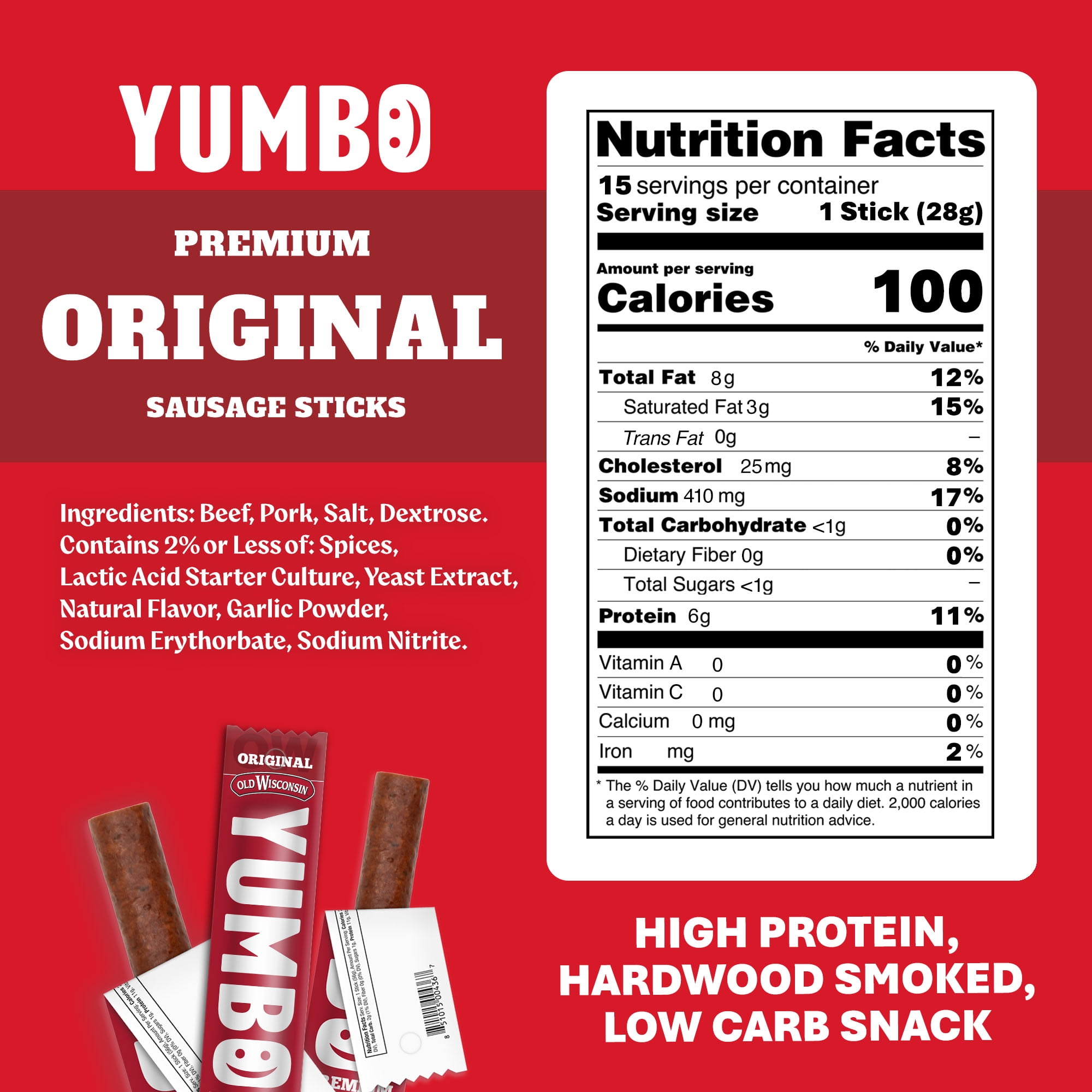Yumbo  Premium Original Flavor Summer Sausage Deli Sticks, 1oz 15 Count Bag, Made by Old Wisconsin