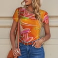 thumbnail image 6 of KLL Women 's Crew Neck Bodysuit Jumpsuits Orange Flower Psychedelic Print Short onesies Stretch T Shirts, 6 of 7