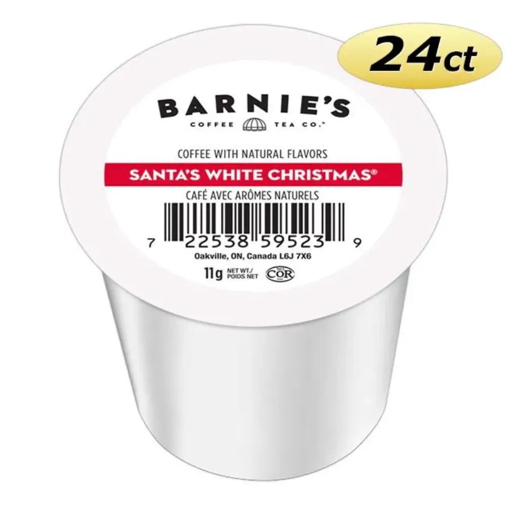 Barnie's Coffee & Tea Co. Santa's White Christmas Single Serve Coffee Cups, Coconut Caramel & Vanilla, Medium Roast Pods Compatible with Keurig Brewers, 24 Count