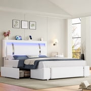 Homfa Queen Bed Frame with LED Headboard & Charge Station & 2 Storage Drawers, PU Leather Upholstery Adjustable Platform Bed Frame, White