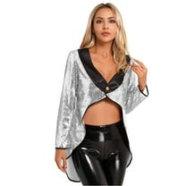 TiaoBug Woman's Magician Costume Tailcoat Tuxedo Jacket Sequins Long Sleeve Coat Circus Blazer Silver L