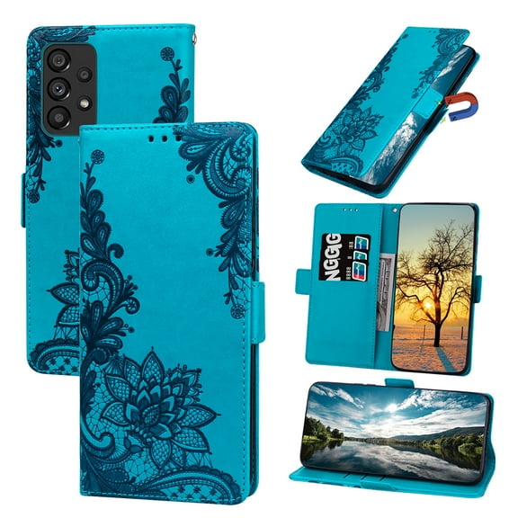 Jiahe Cover Wallet Case for Samsung A53 5G Card Holder Kickstand Flip Cover Embossed Floral Flower Lanyard Protective Soft PU Leather Skin Case,Blue