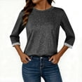 thumbnail image 4 of Womens Fall Clothes, 3/4 Sleeve Shirts for Women Fashion Loose Fit Solid Color Striped Printed Patchwork Crewneck T-Shirts, 4 of 4
