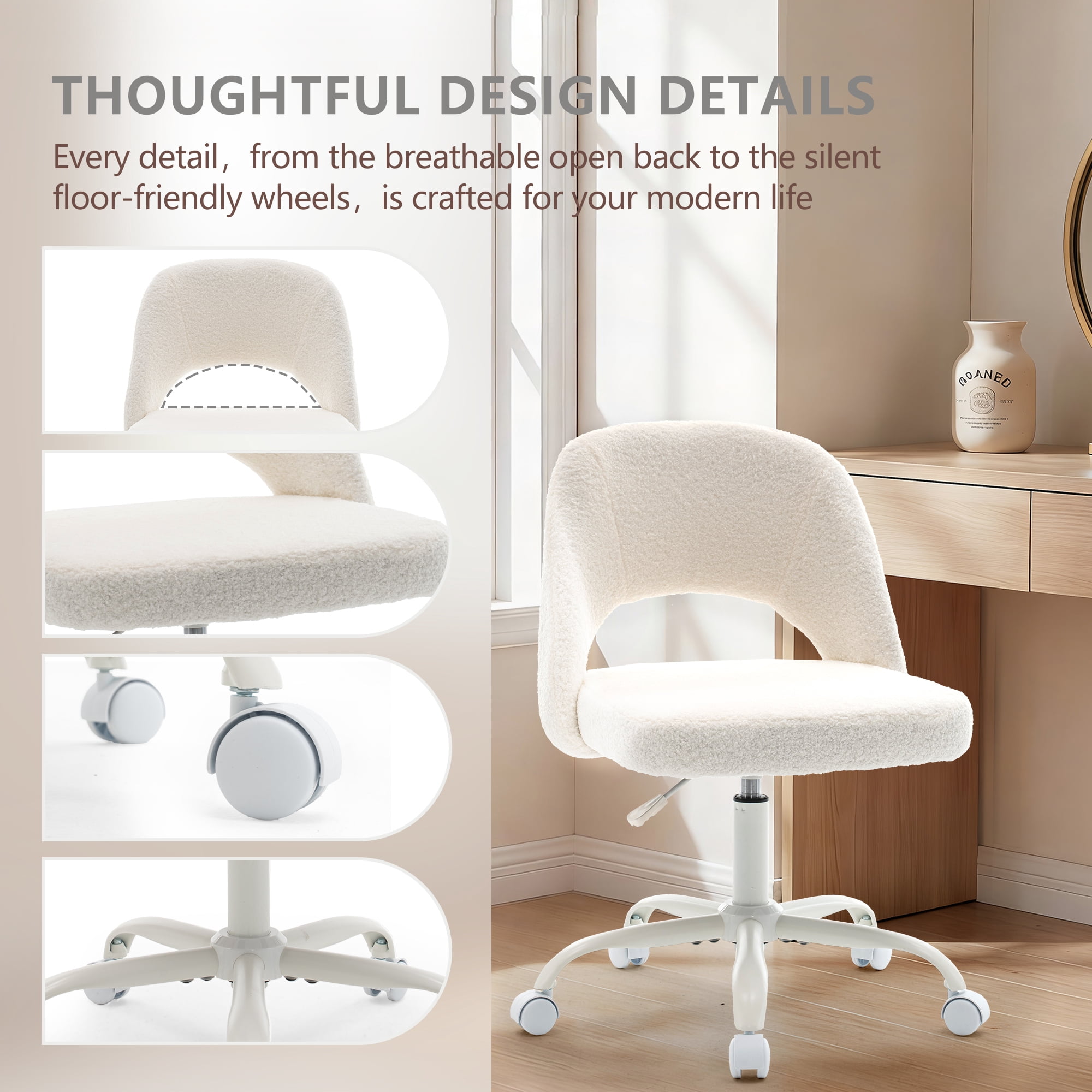 ENYLAY White Fluffy Teddy Fleece Vanity Chair, Height Adjustable 360° Swivel Rolling Desk Chair, Ergonomic Upholstered Makeup Chair, Modern Cute Accent Chair for Bedroom Home Office Vanity Room