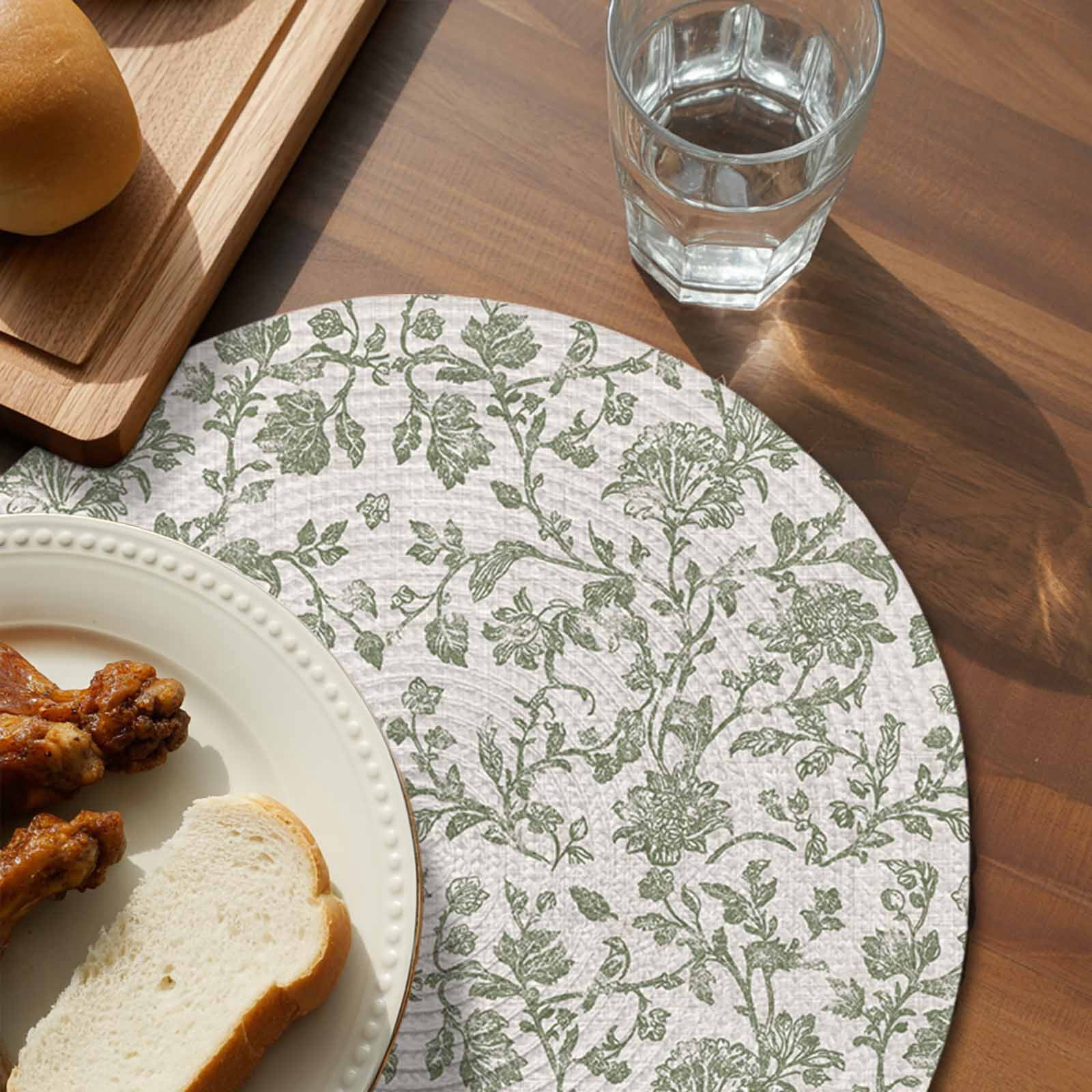 Spring Flowers Round 15 Inch Placemats Set of 8, Farmhouse Sage Green Pastoral Floral Leaf HeatResistant Non Slip Place Mats for Dining Table, Wipeable Braided Kitchen Table Mats for Housewarming
