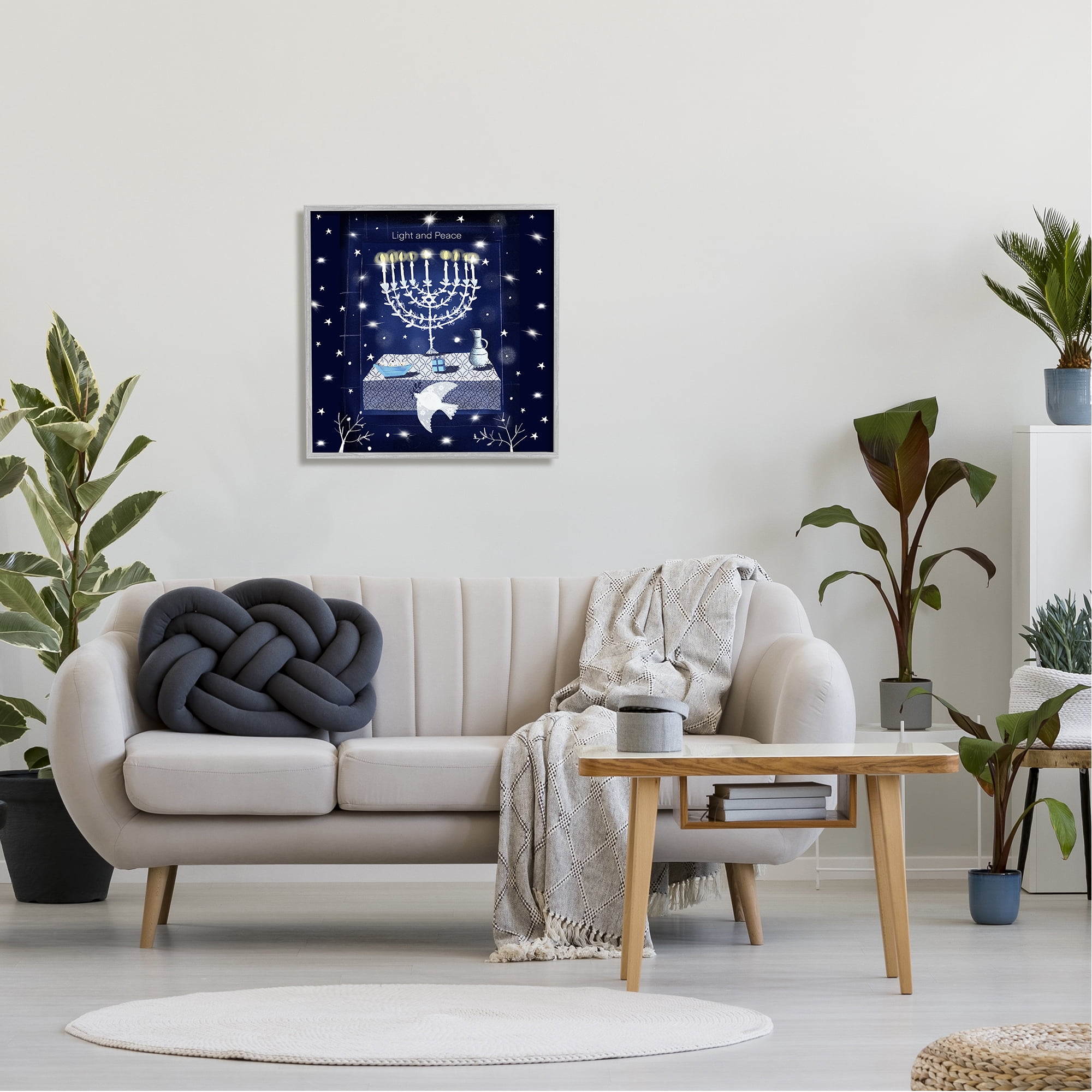 Stupell Industries Light & Peace Menorah Stars Holiday Painting Gray Framed Art Print Wall Art