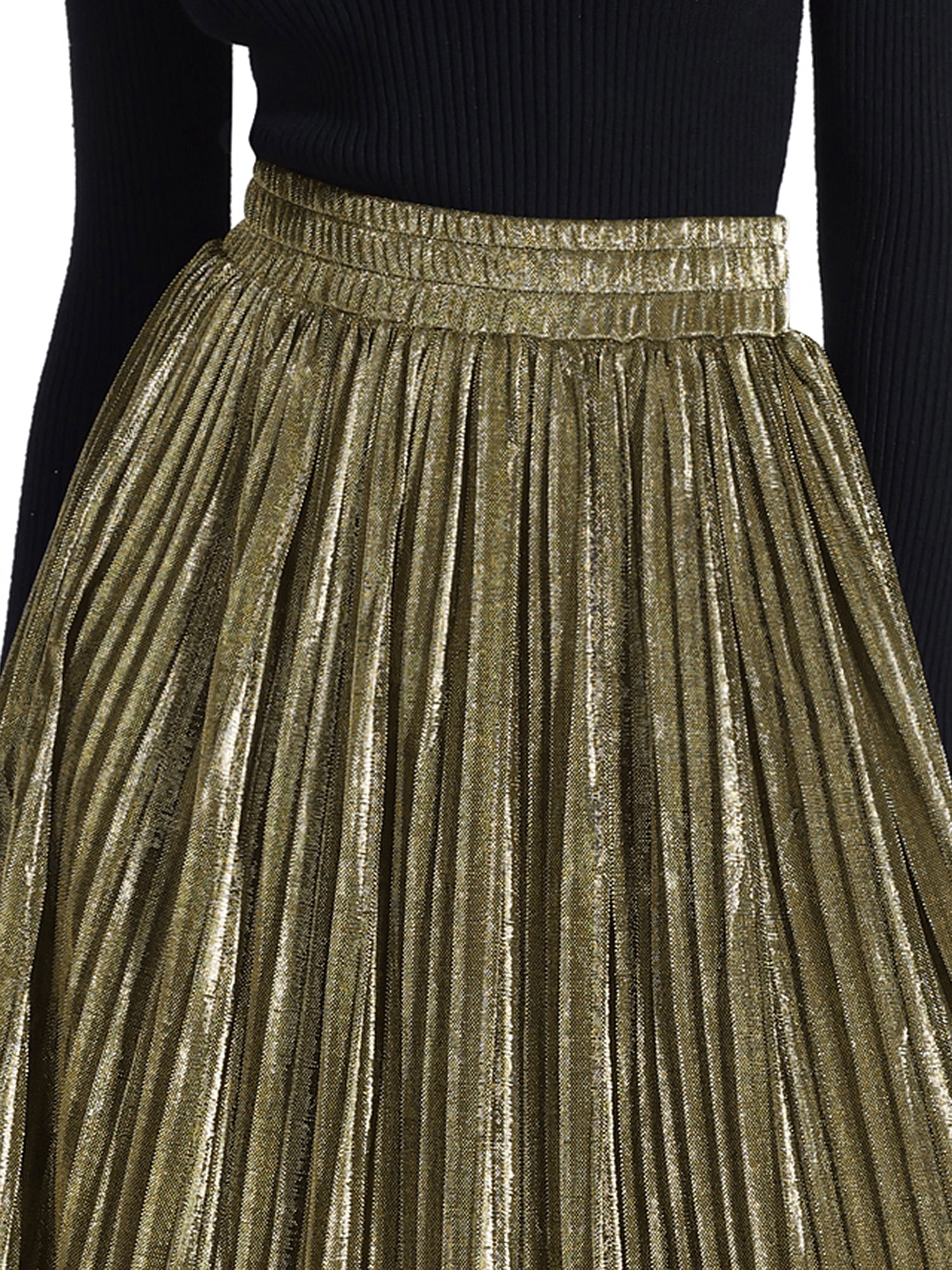 Unique Bargains Women Metallic Glitter High Waist Flared Plaeted Midi Skirt S Gold