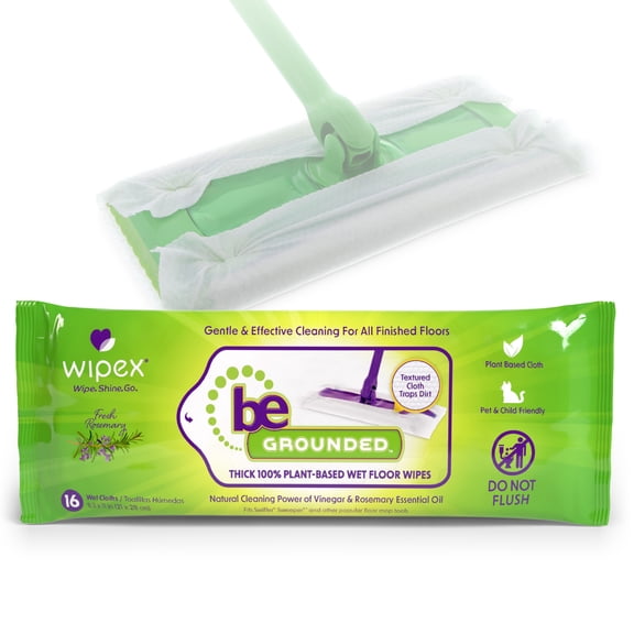 Wipex Wet Floor Wipes Natural Wet Mop Pads Fit Swiffer Sweeper Mop - Rosemary Essential Oil & Vinegar & Plant-Based Textured Cloth Trap Absorb Dirt, Case Size -16 Floor Cleaner Pads