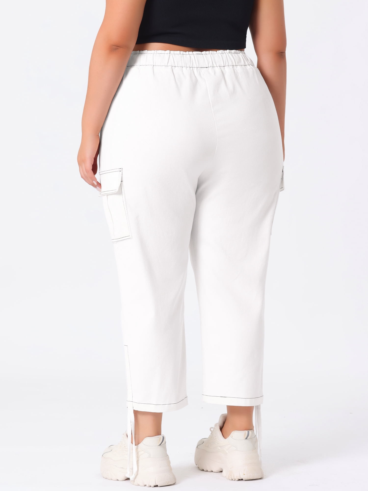 Plus Size Cargo Pants for Women High Waist Drawstring Elastic Waist 3X White