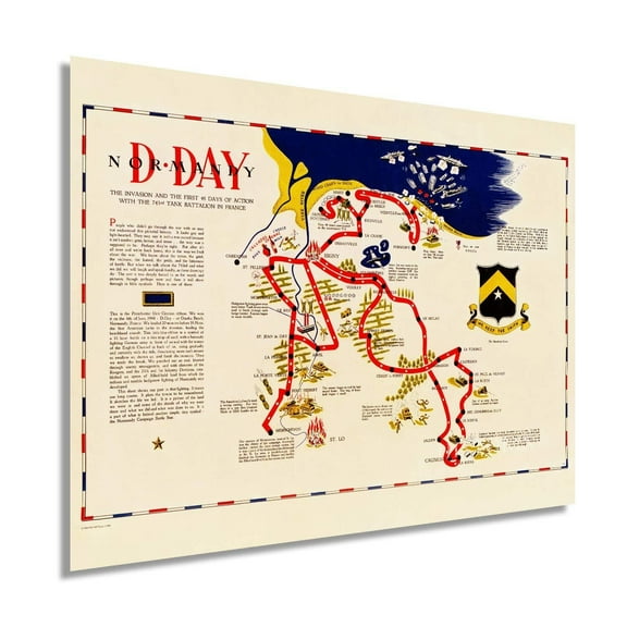 Vintage 1944 D-Day Normandy Map Poster Wall Art - WW2 Invasion First 48 Days of Action With 743rd Tank Battalion in France