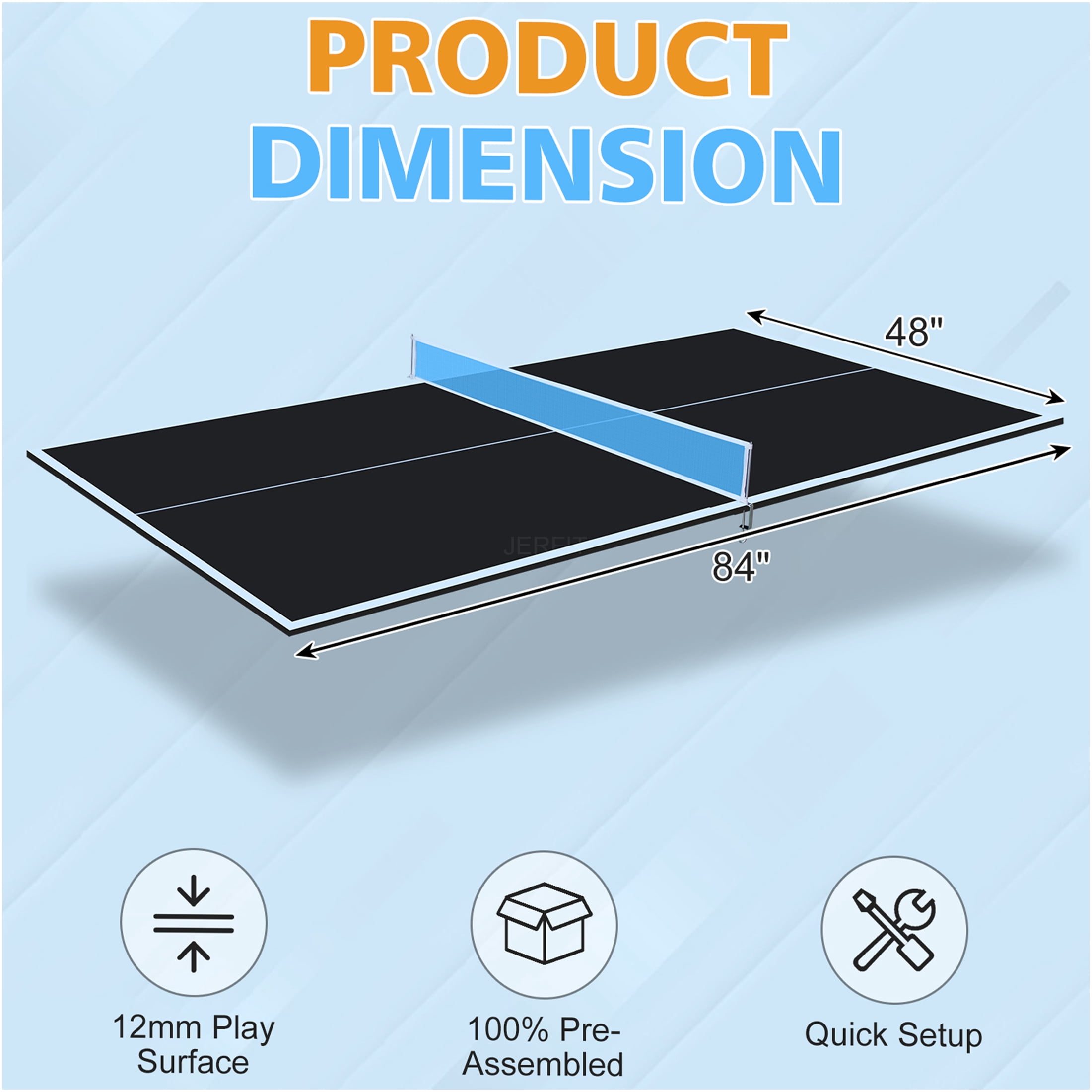 JERFIT 7x4ft Foldable Ping Pong Table Top for Indoor Use, Portable MDF Conversion Top with Net, Professional Mid-Size Black Table Tennis Surface
